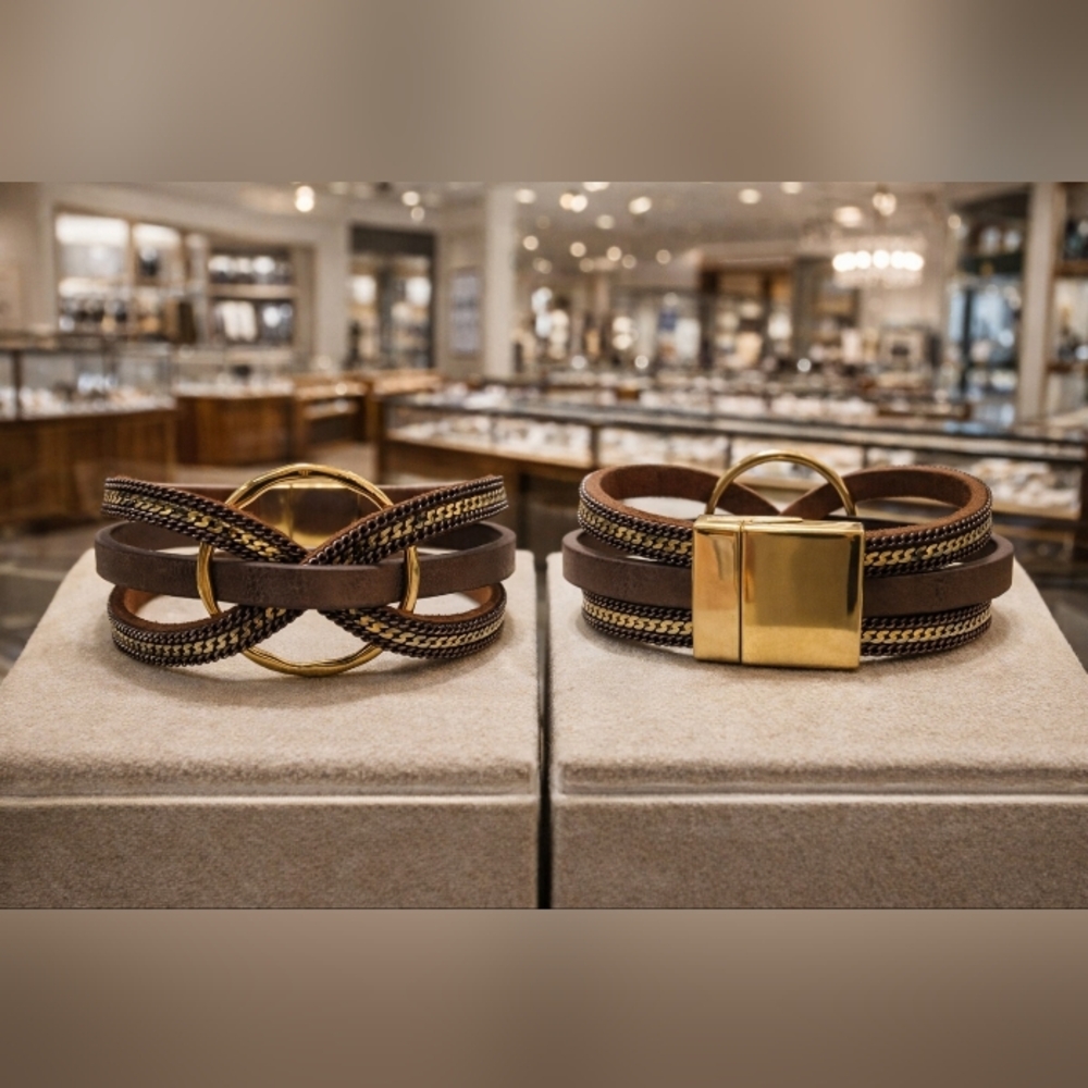Layered Leather And Gold Magnetic Bracelet